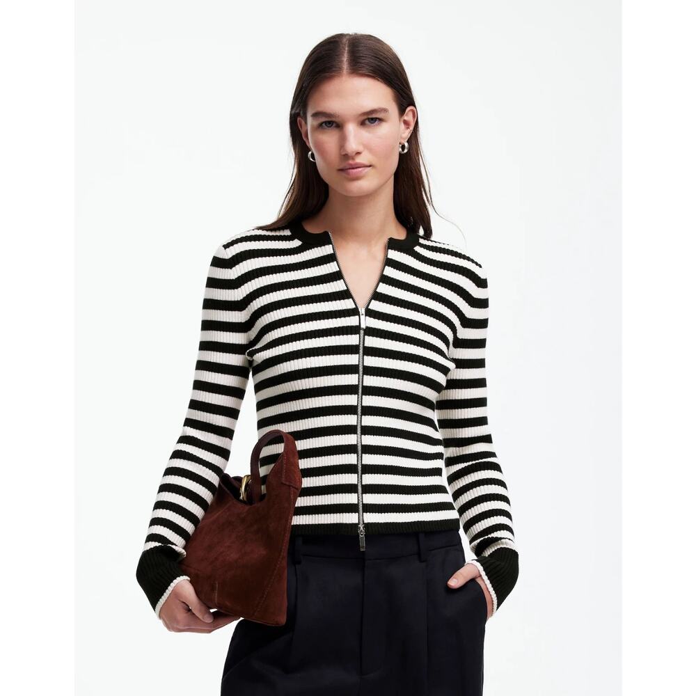 NWT Madewell Womens Black White Knit Striped Zip-Front Cardigan Sweater Size XS‎